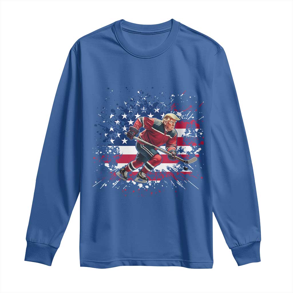 Funny Trump Playing Ice Hockey Long Sleeve Shirt Funny Patriotic Gift TS12 Royal Blue Print Your Wear