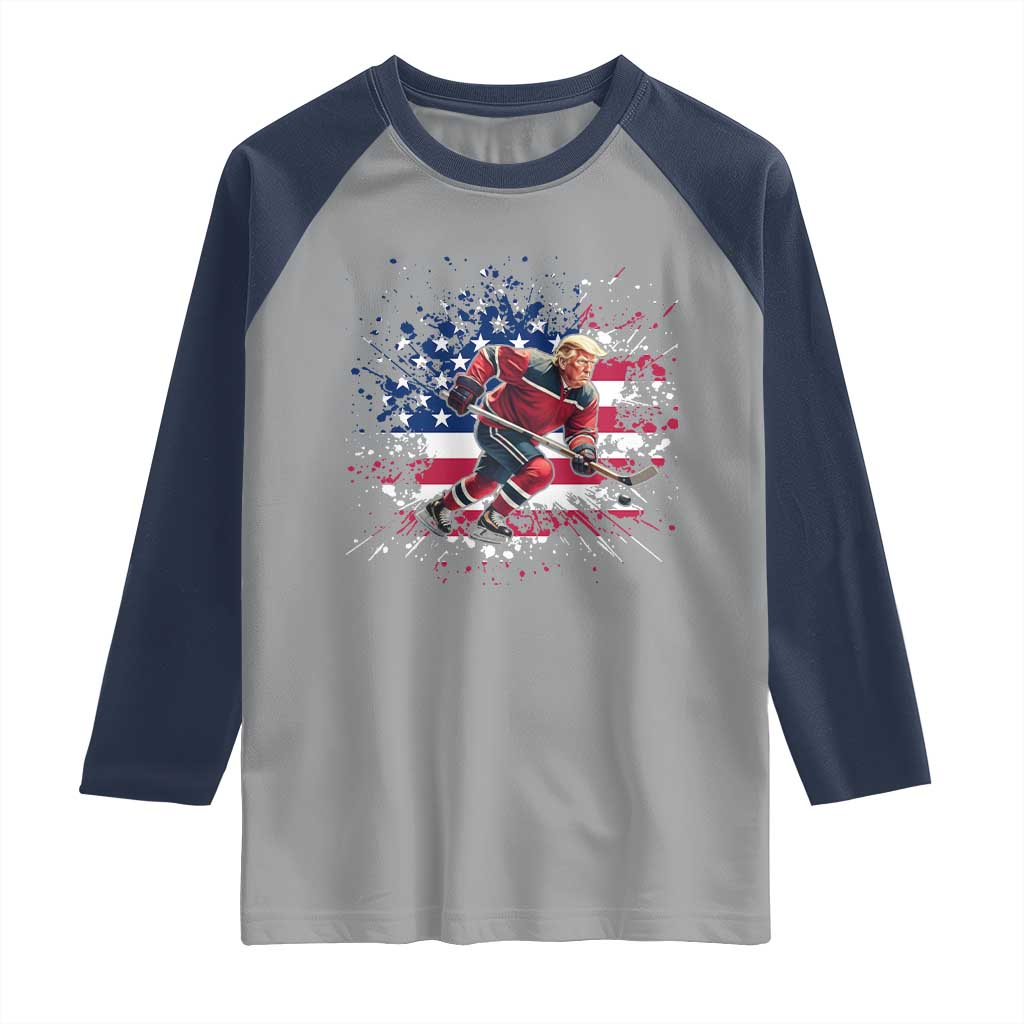 Funny Trump Playing Ice Hockey Raglan Shirt Funny Patriotic Gift TS12 Sport Gray Navy Print Your Wear