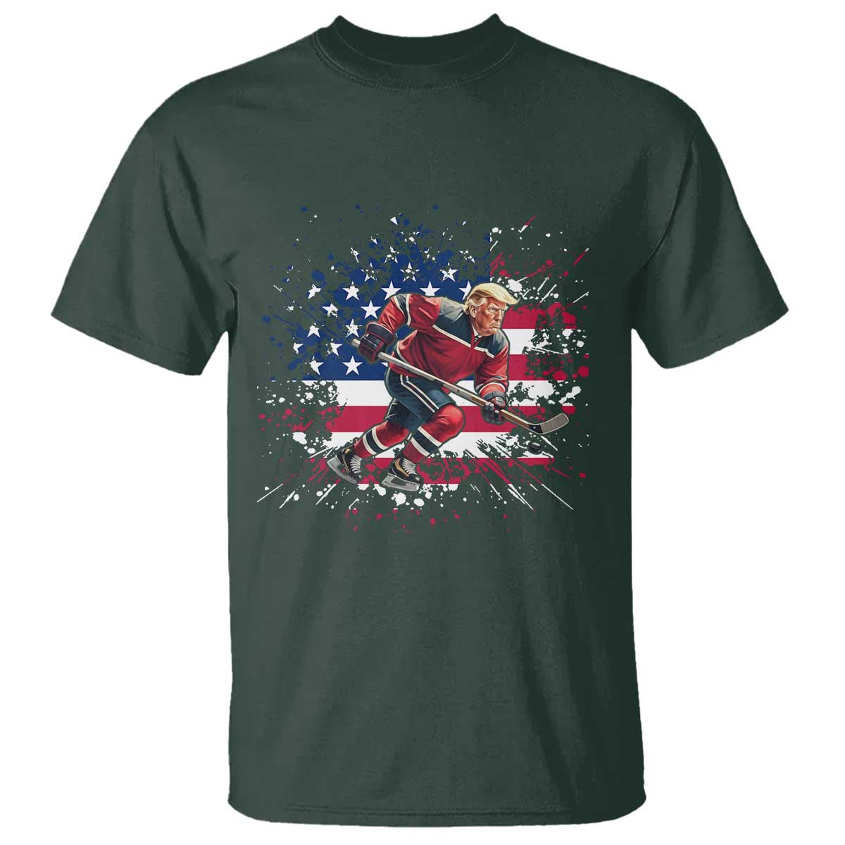 Funny Trump Playing Ice Hockey T Shirt Funny Patriotic Gift TS12 Dark Forest Green Print Your Wear
