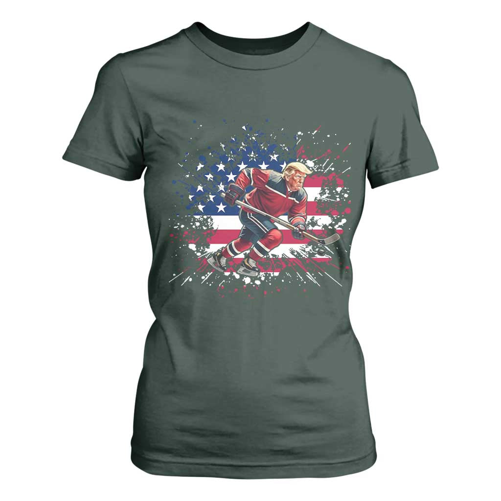 Funny Trump Playing Ice Hockey T Shirt For Women Funny Patriotic Gift TS12 Dark Forest Green Print Your Wear