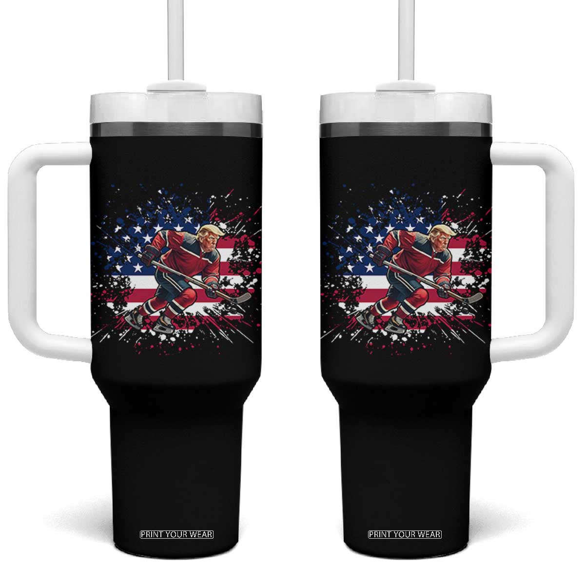 Funny Trump Playing Ice Hockey Tumbler With Handle Funny Patriotic Gift TS12 One Size: 40 oz Black Print Your Wear