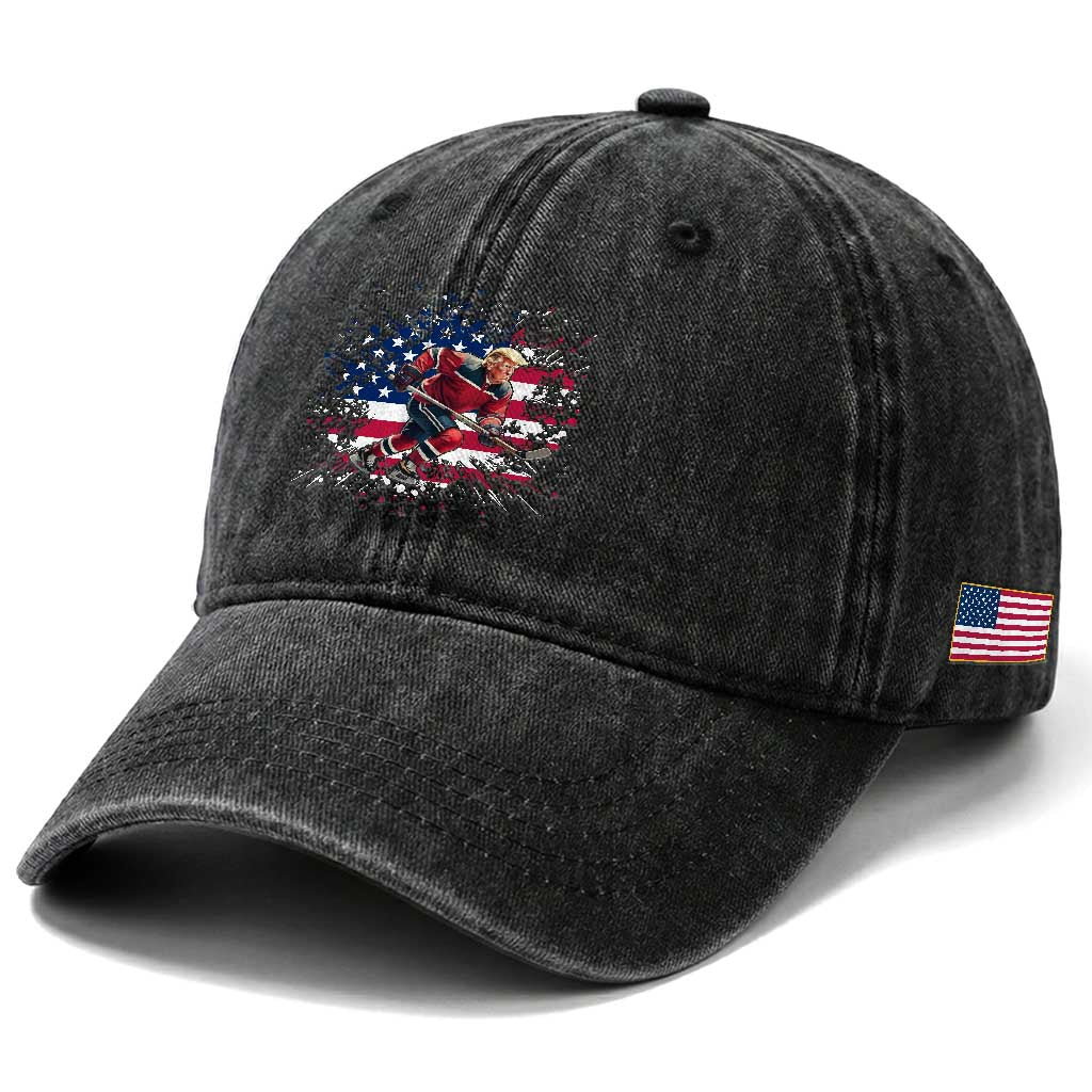 Funny Trump Playing Ice Hockey Washed Cotton Baseball Cap Funny Patriotic Gift TS12 Print Your Wear