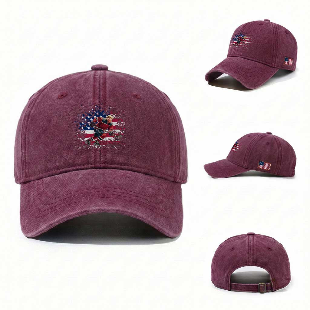 Funny Trump Playing Ice Hockey Washed Cotton Baseball Cap Funny Patriotic Gift TS12 Washed Cap Universal Fit Burgundy Print Your Wear