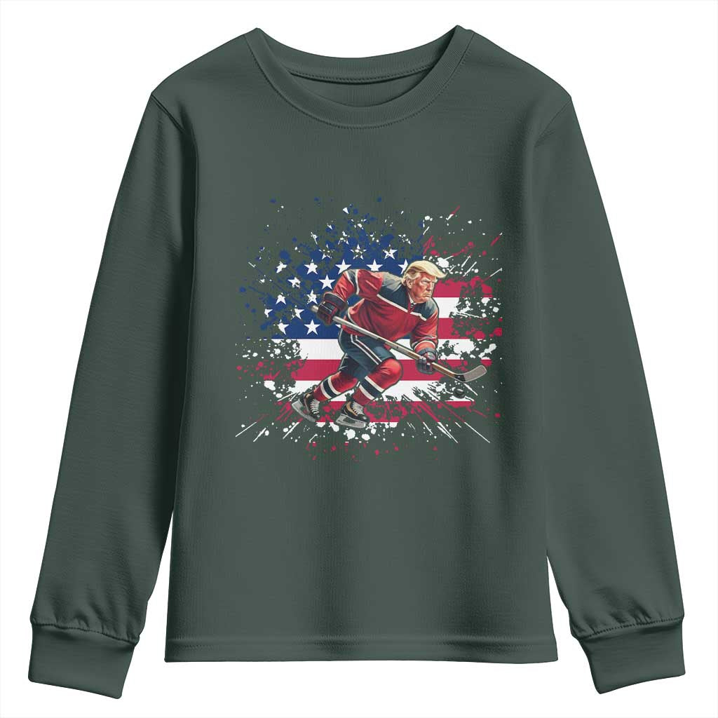 Funny Trump Playing Ice Hockey Youth Sweatshirt Funny Patriotic Gift TS12 Dark Forest Green Print Your Wear