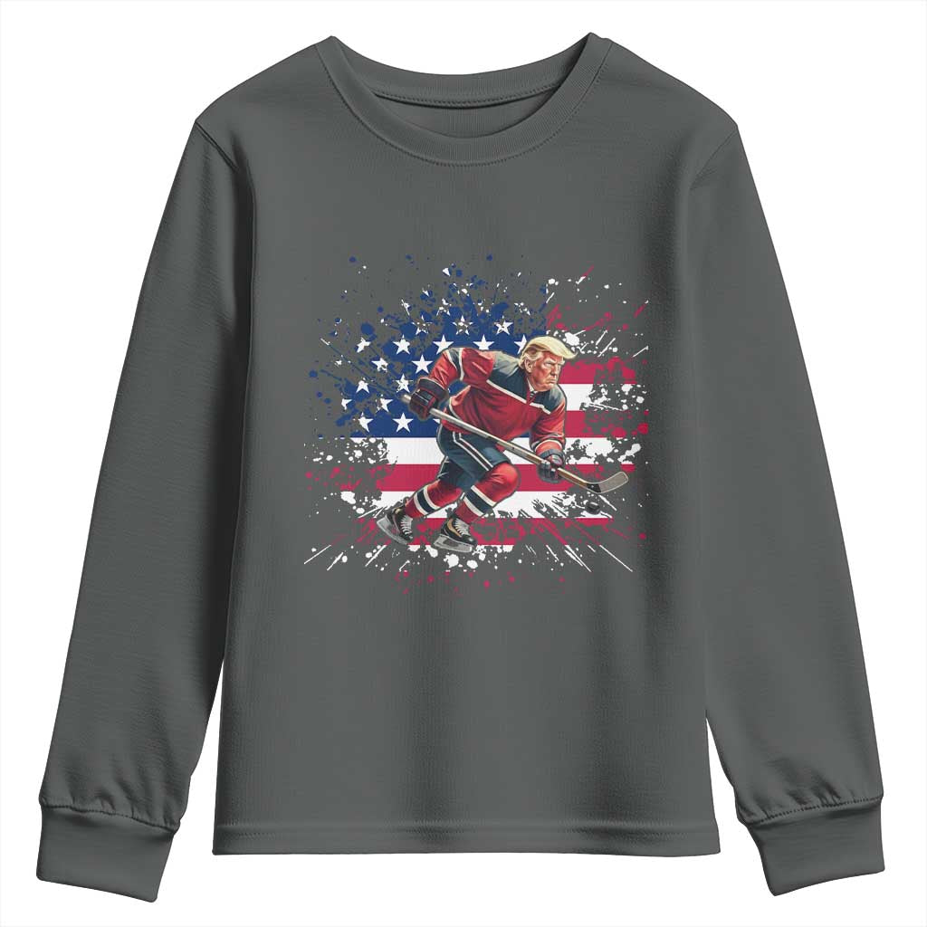 Funny Trump Playing Ice Hockey Youth Sweatshirt Funny Patriotic Gift TS12 Dark Heather Print Your Wear