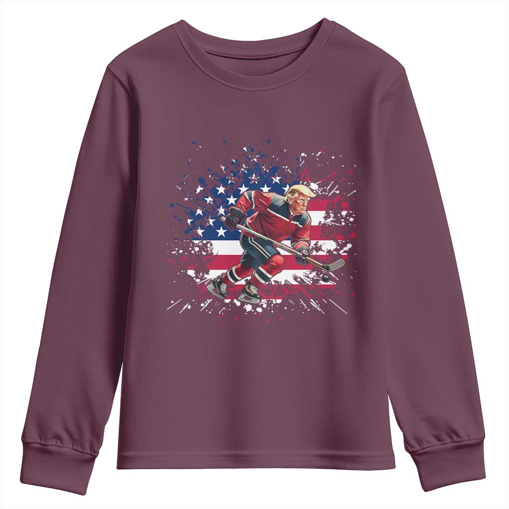 Funny Trump Playing Ice Hockey Youth Sweatshirt Funny Patriotic Gift TS12 Maroon Print Your Wear