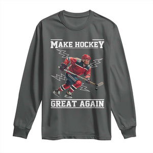 Funny Trump Ice Hockey Player Long Sleeve Shirt Make Hockey Great Again TS12 Dark Heather Print Your Wear