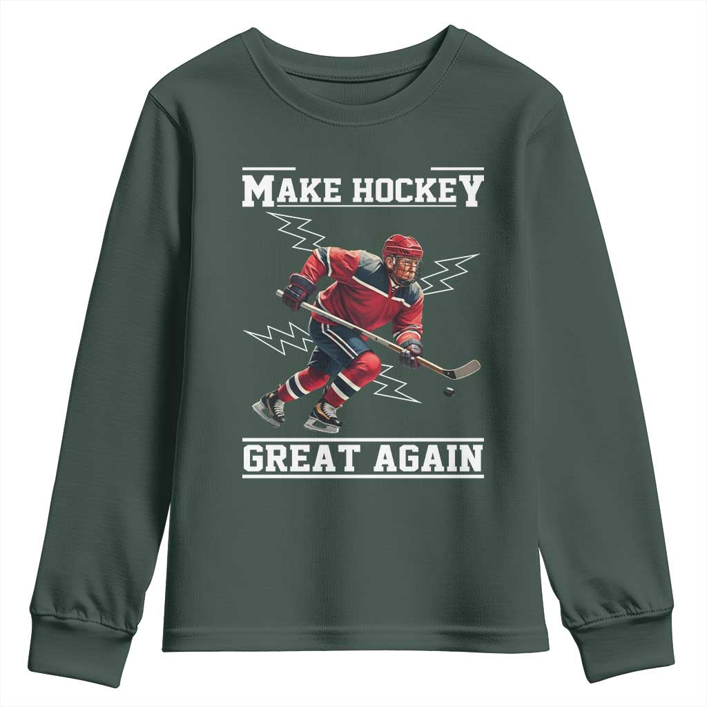 Funny Trump Ice Hockey Player Youth Sweatshirt Make Hockey Great Again TS12 Dark Forest Green Print Your Wear
