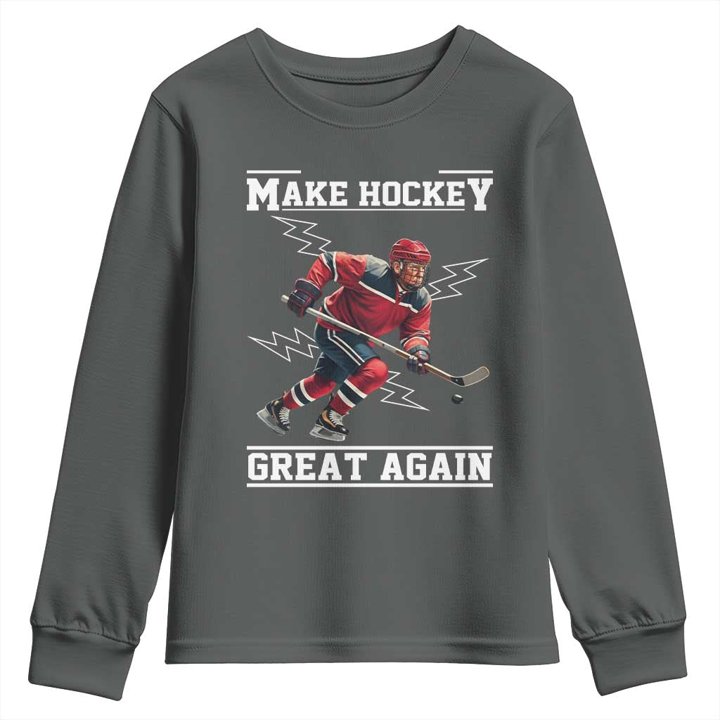 Funny Trump Ice Hockey Player Youth Sweatshirt Make Hockey Great Again TS12 Dark Heather Print Your Wear