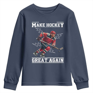 Funny Trump Ice Hockey Player Youth Sweatshirt Make Hockey Great Again TS12 Navy Print Your Wear