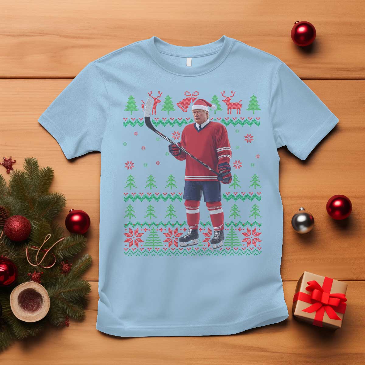 Trump Playing Ice Hockey T Shirt Funny Ugly Christmas Sweater Gift TS12 Light Blue Print Your Wear