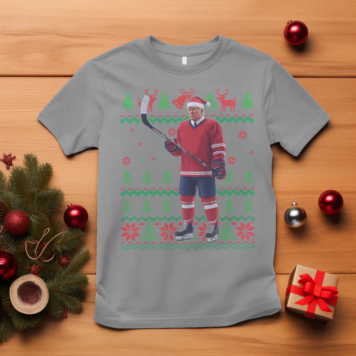 Trump Playing Ice Hockey T Shirt Funny Ugly Christmas Sweater Gift TS12 Sport Gray Print Your Wear