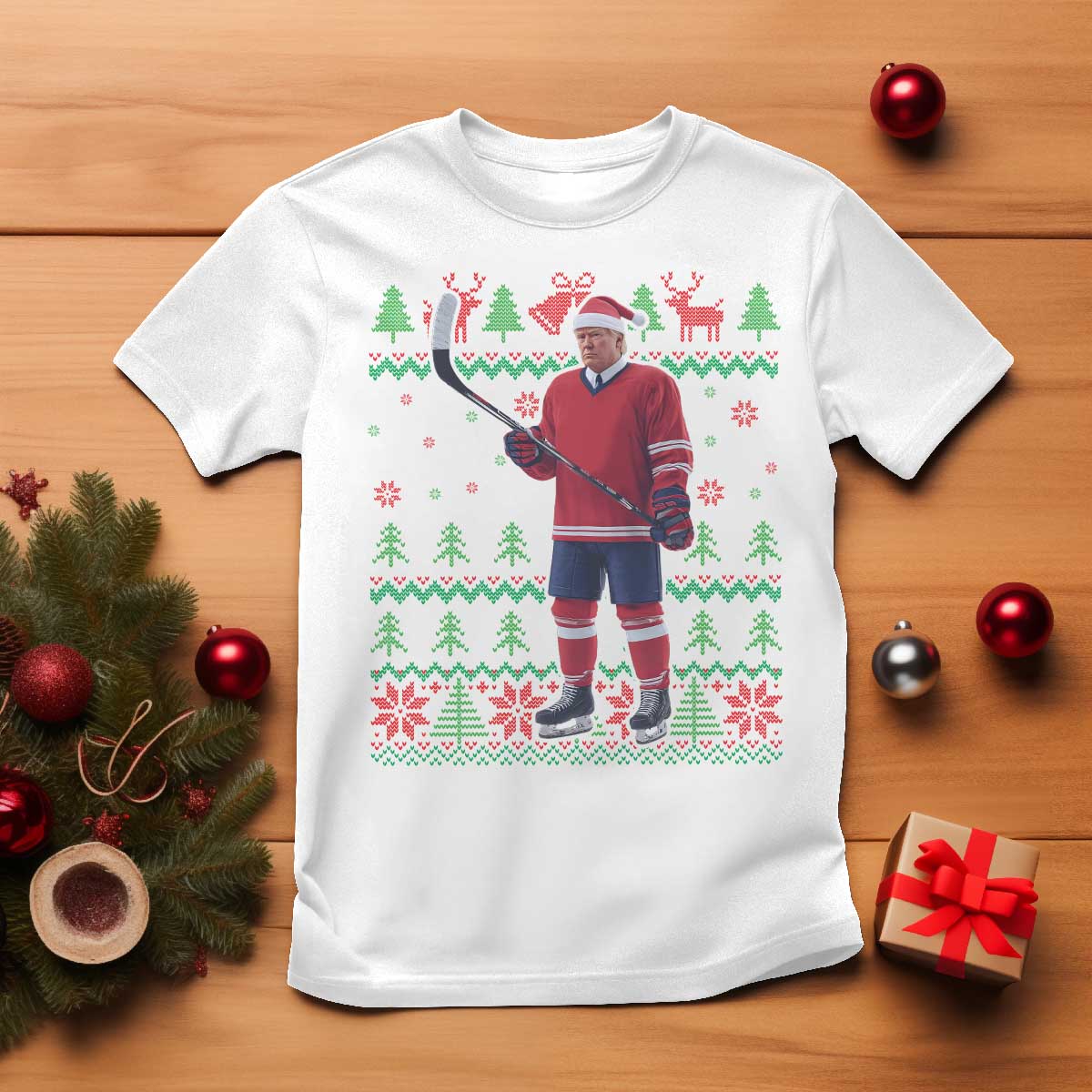 Trump Playing Ice Hockey T Shirt Funny Ugly Christmas Sweater Gift TS12 White Print Your Wear