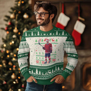 Trump Playing Ice Hockey Ugly Christmas Sweater Funny Ugly Xmas Sweater Gift TS12 Beige Green Print Your Wear