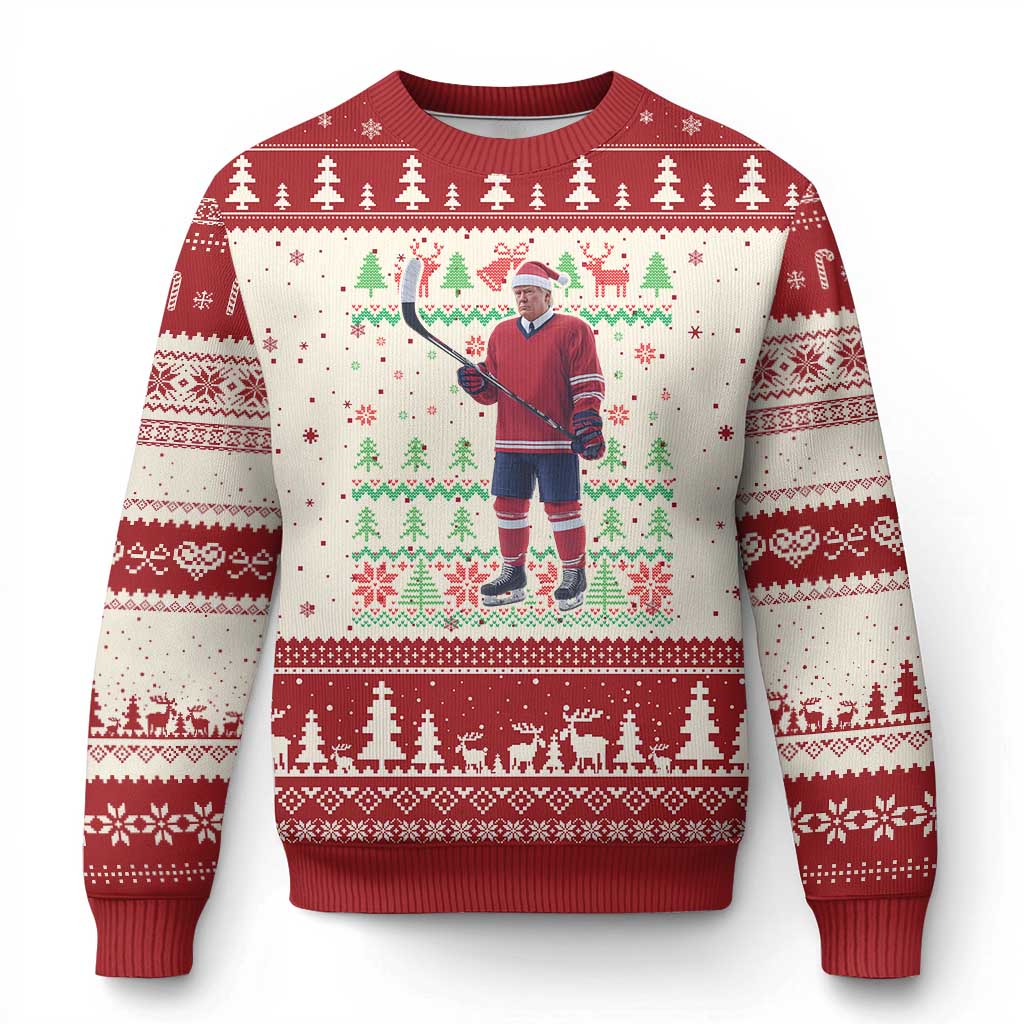 Trump Playing Ice Hockey Ugly Christmas Sweater Funny Ugly Xmas Sweater Gift TS12 Beige Red Print Your Wear