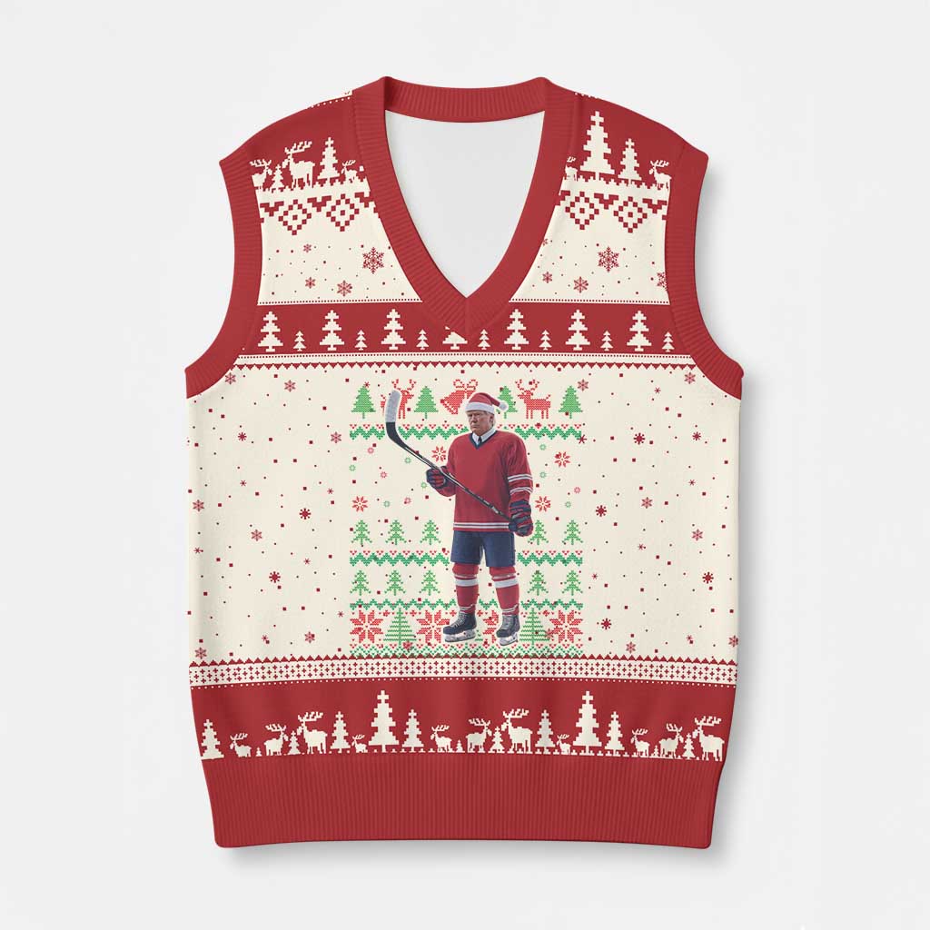 Trump Playing Ice Hockey V-Neck Knit Sweater Vest Funny Ugly Xmas Sweater Gift TS12 Beige Red Print Your Wear