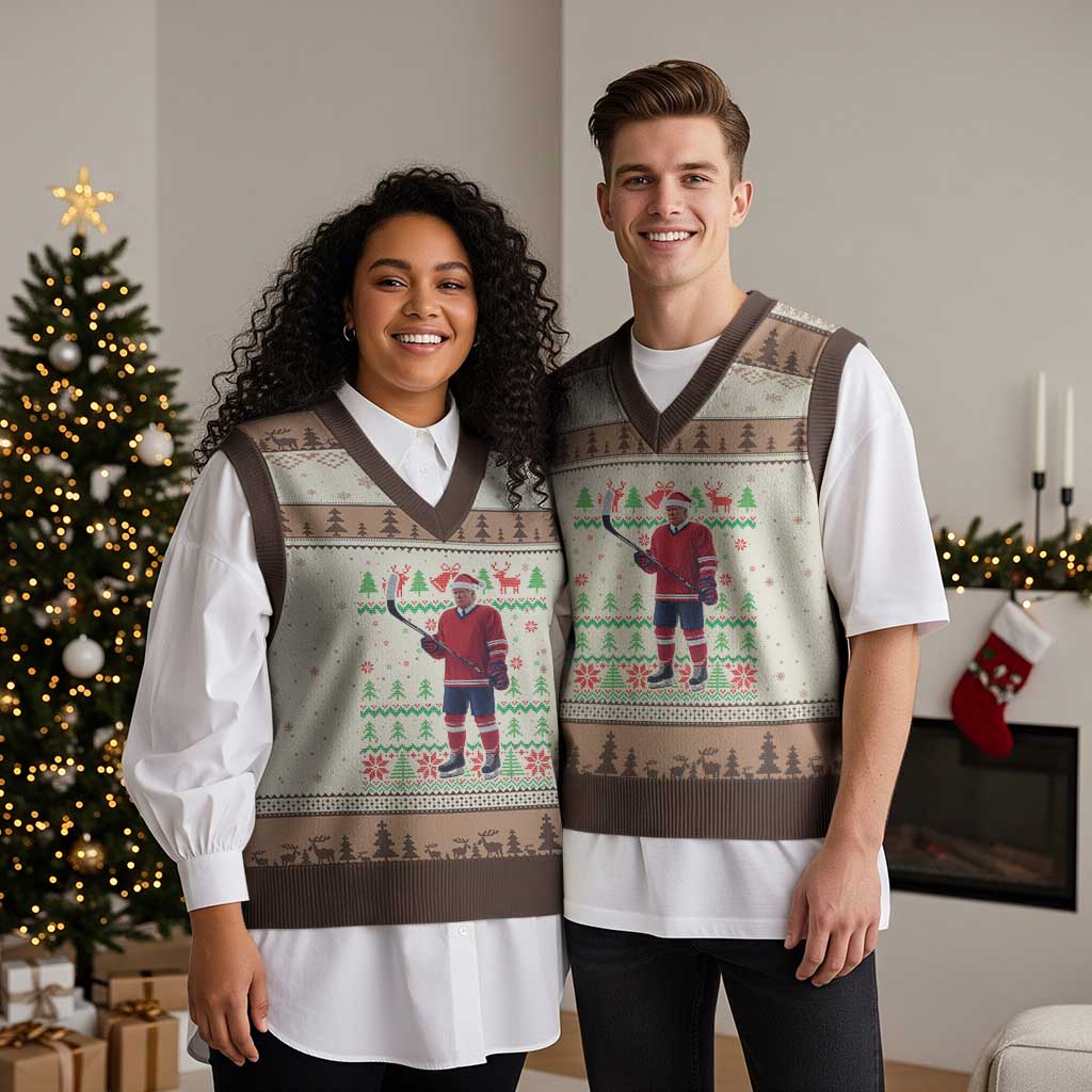 Trump Playing Ice Hockey V-Neck Knit Sweater Vest Funny Ugly Xmas Sweater Gift TS12 Mocha Mousse Print Your Wear