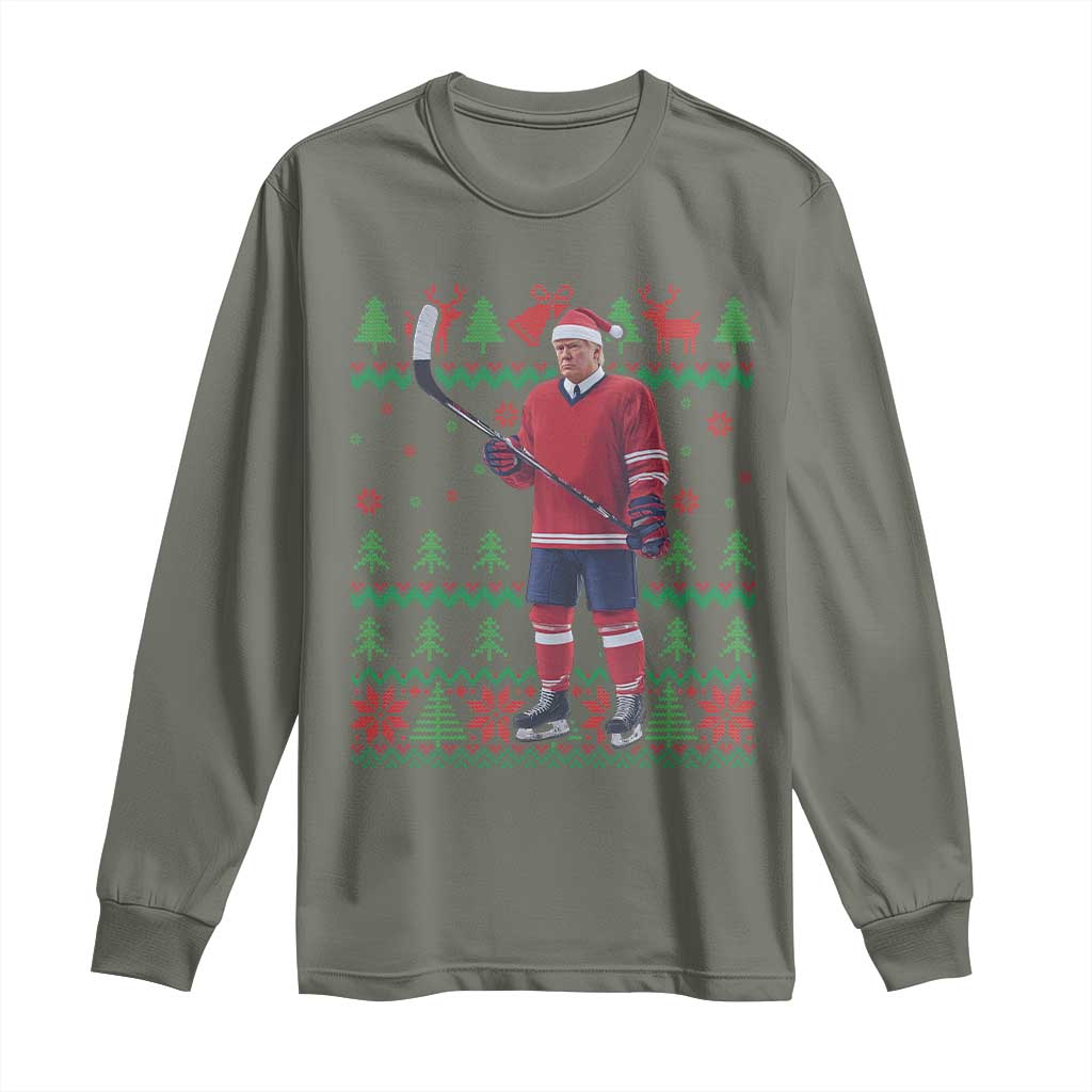 Trump Playing Ice Hockey Long Sleeve Shirt Funny Ugly Christmas Sweater Gift TS12 Military Green Print Your Wear