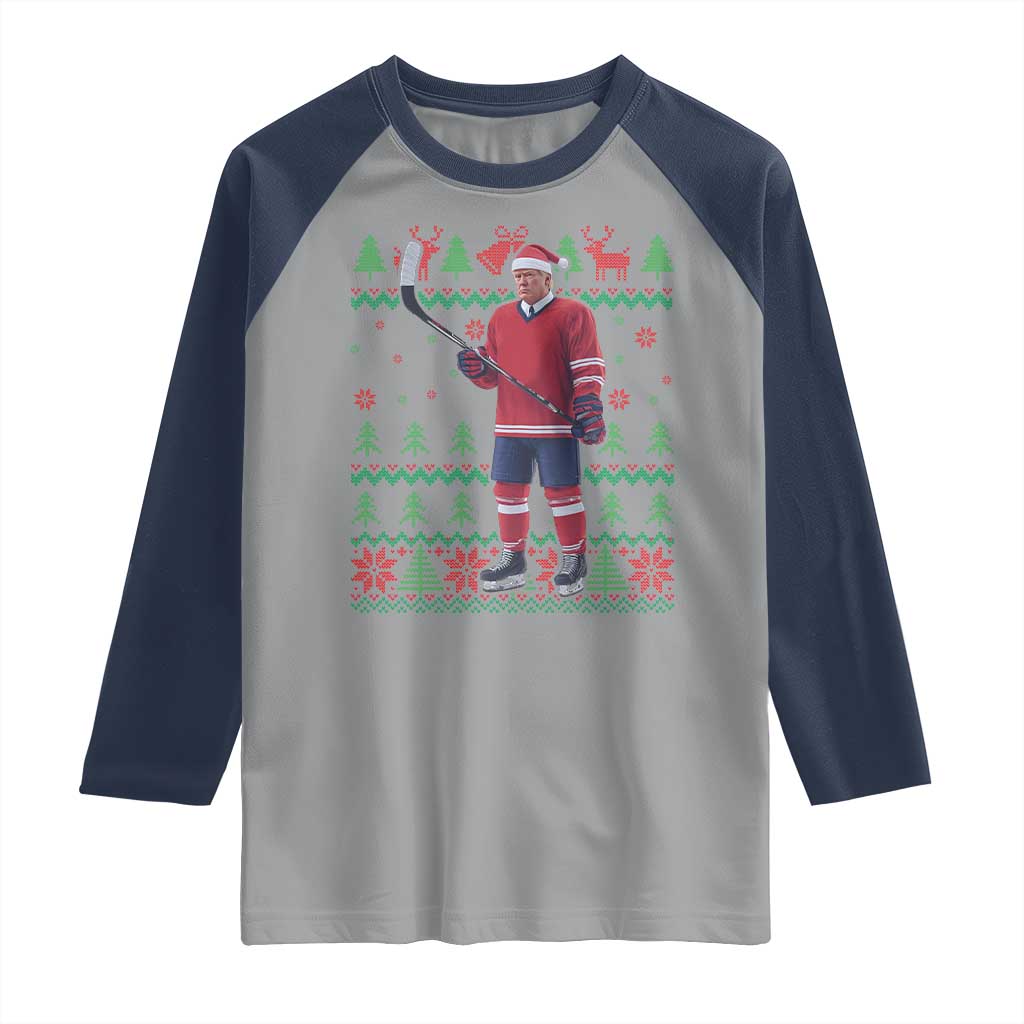 Trump Playing Ice Hockey Raglan Shirt Funny Ugly Christmas Sweater Gift TS12 Sport Gray Navy Print Your Wear