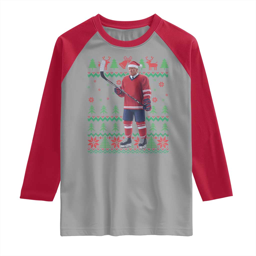 Trump Playing Ice Hockey Raglan Shirt Funny Ugly Christmas Sweater Gift TS12 Sport Gray Red Print Your Wear
