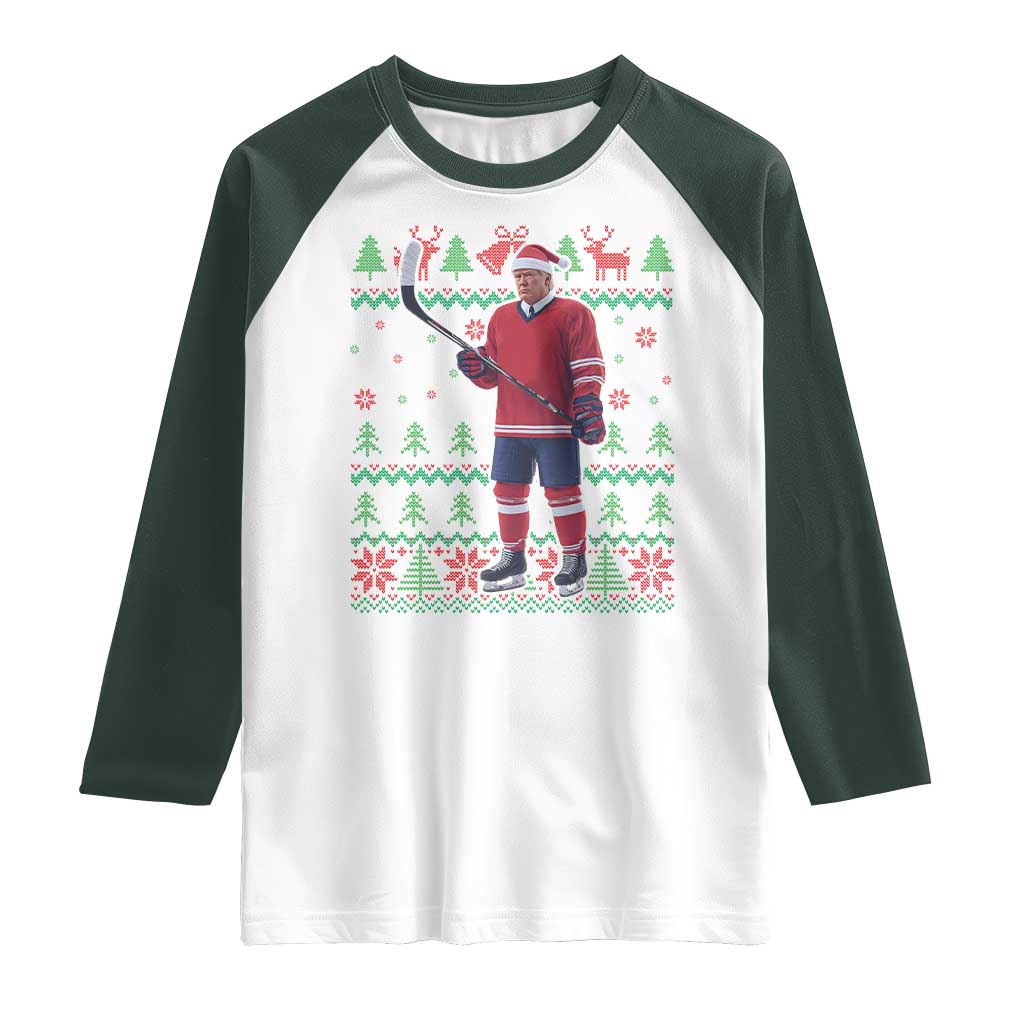 Trump Playing Ice Hockey Raglan Shirt Funny Ugly Christmas Sweater Gift TS12 White Dark Forest Green Print Your Wear