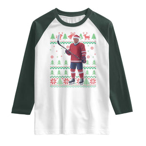 Trump Playing Ice Hockey Raglan Shirt Funny Ugly Christmas Sweater Gift TS12 White Dark Forest Green Print Your Wear