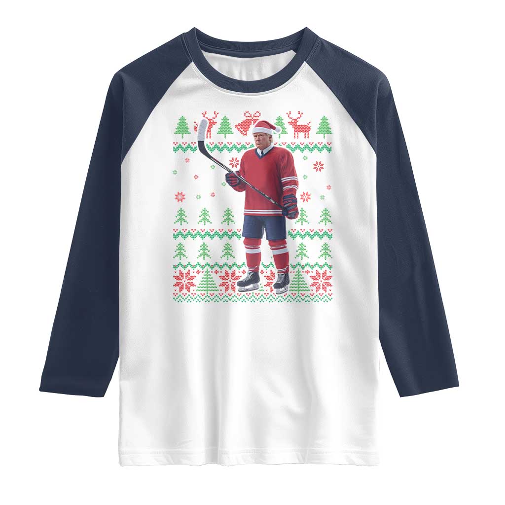 Trump Playing Ice Hockey Raglan Shirt Funny Ugly Christmas Sweater Gift TS12 White Navy Print Your Wear