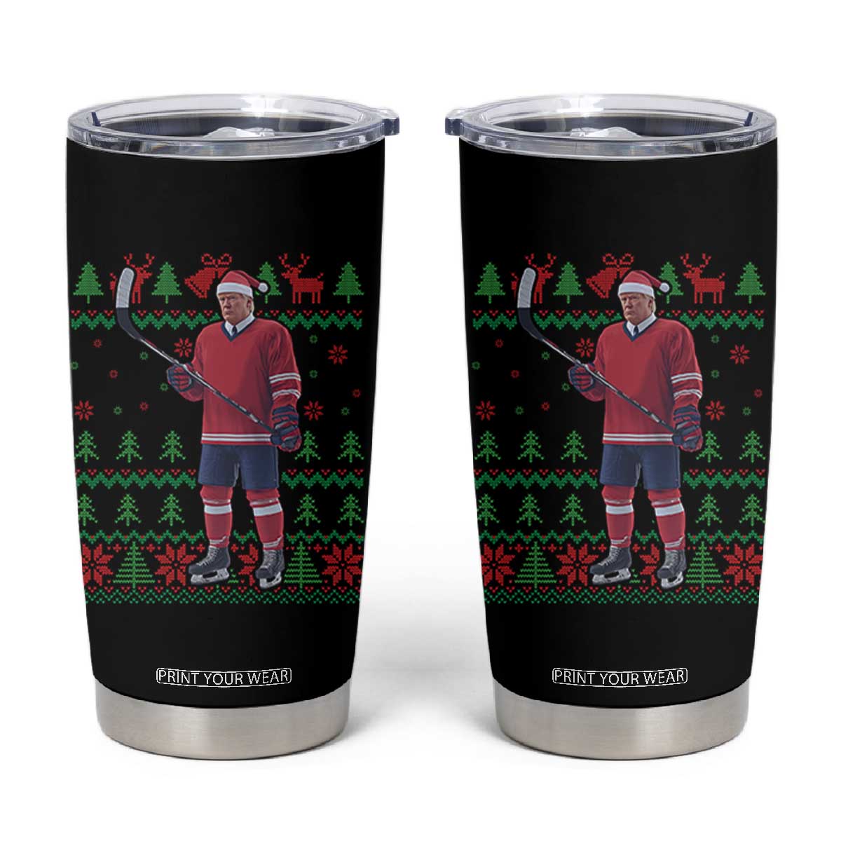 Trump Playing Ice Hockey Tumbler Cup Funny Ugly Christmas Sweater Gift TS12 Black Print Your Wear