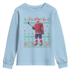 Trump Playing Ice Hockey Youth Sweatshirt Funny Ugly Christmas Sweater Gift TS12 Light Blue Print Your Wear
