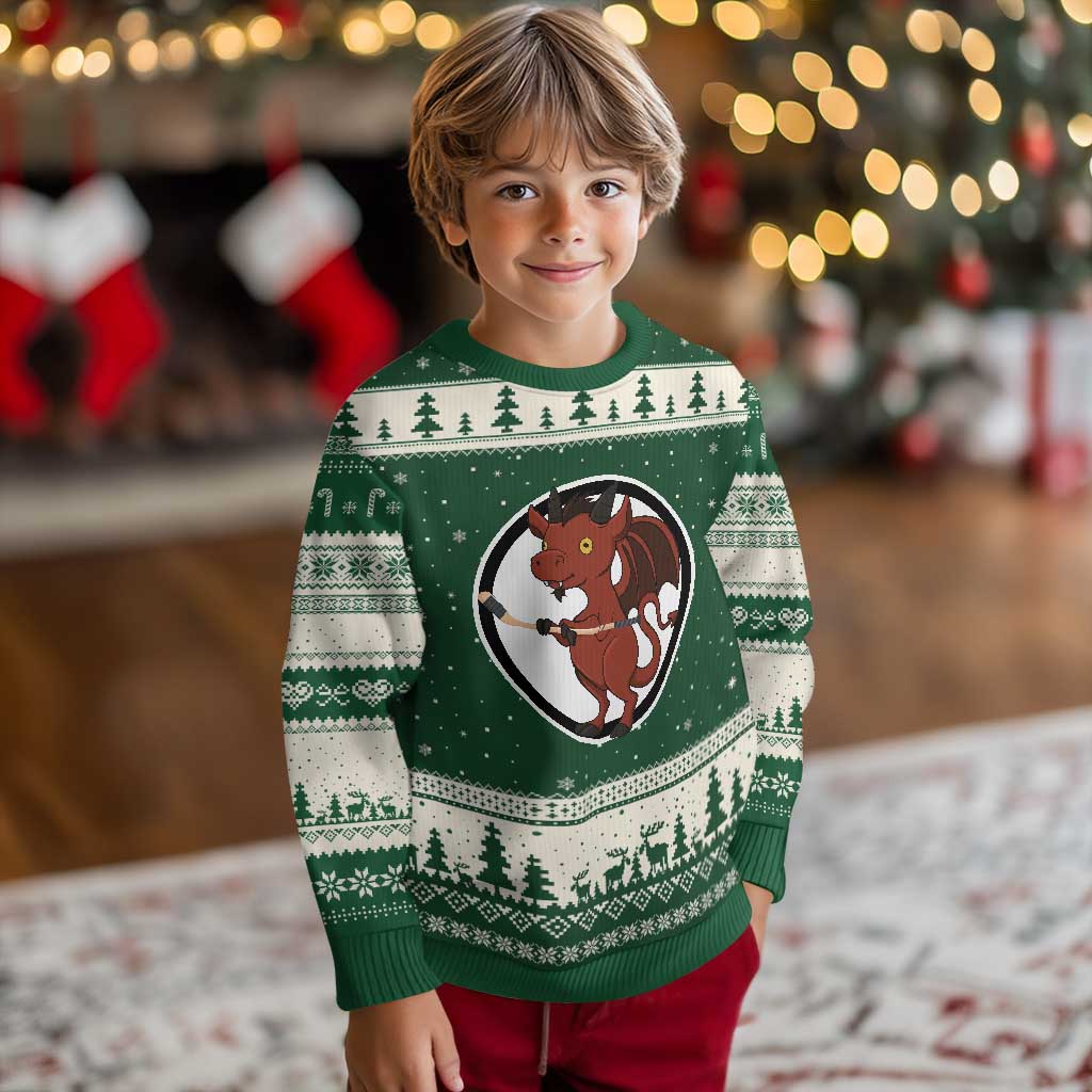 Funny Cryptid Sports Gift Ugly Christmas Sweater Jersey Devil Playing Ice Hockey TS12 Forest Green Beige Print Your Wear