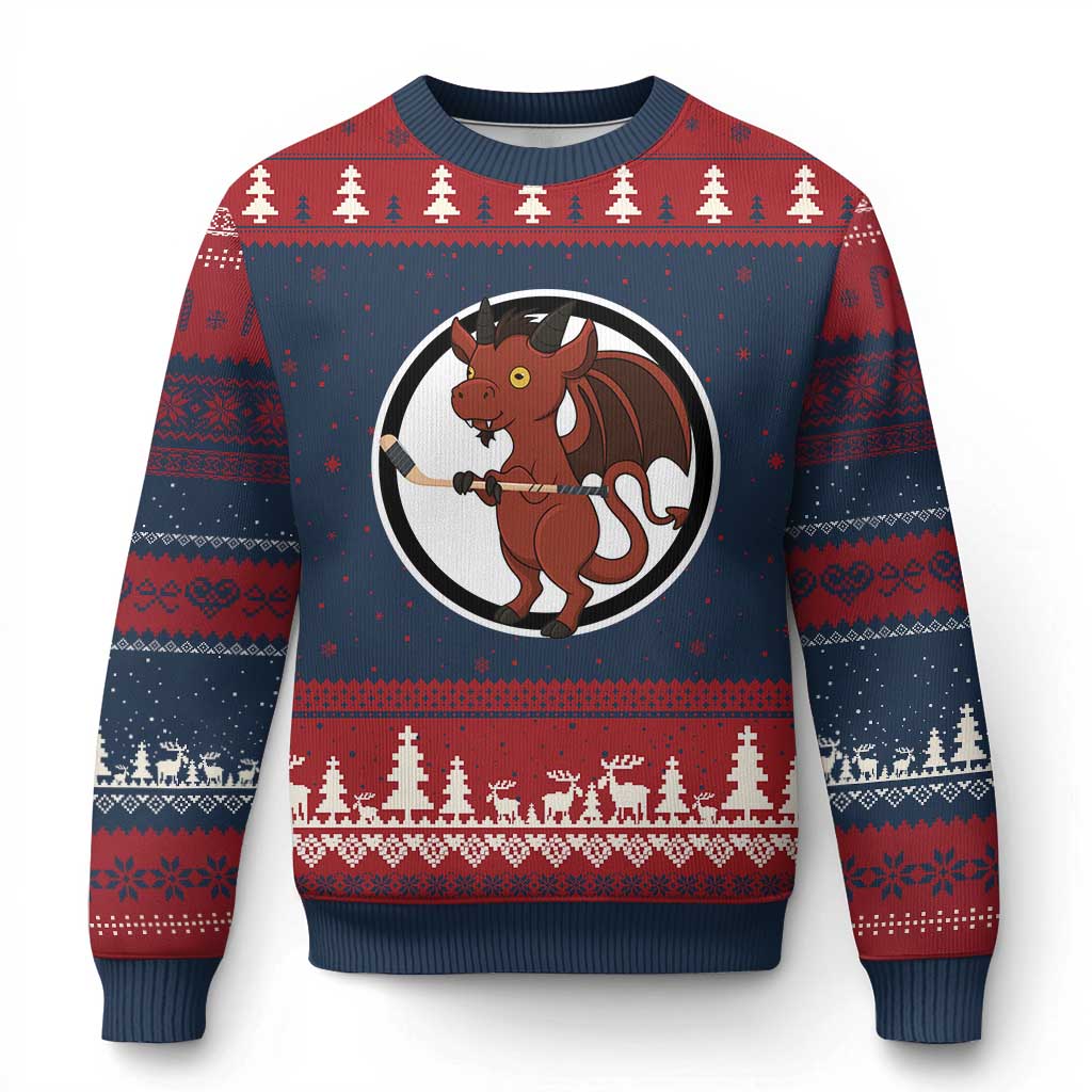 Funny Cryptid Sports Gift Ugly Christmas Sweater Jersey Devil Playing Ice Hockey TS12 Navy Red Print Your Wear
