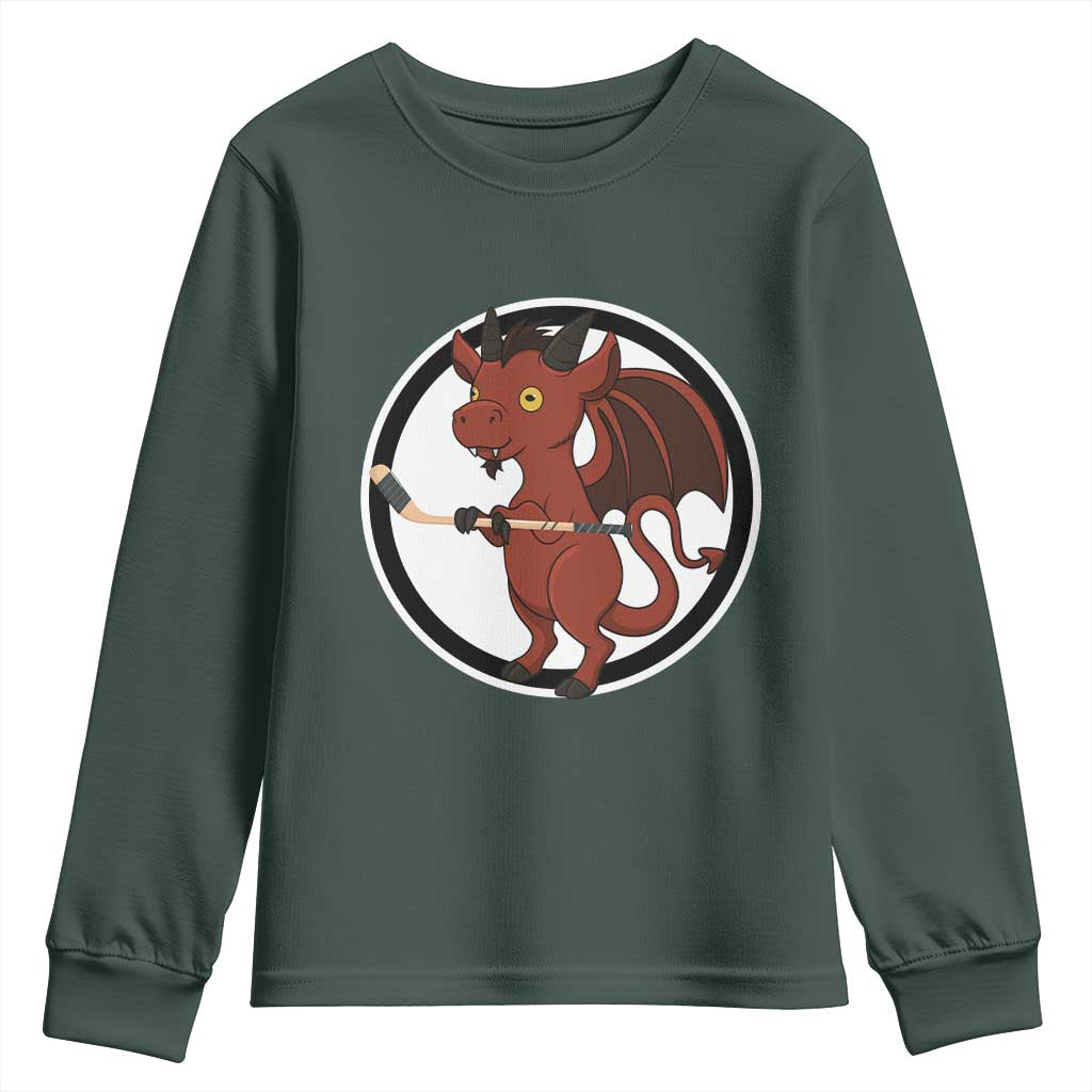Funny Cryptid Sports Gift Youth Sweatshirt Jersey Devil Playing Ice Hockey TS12 Dark Forest Green Print Your Wear