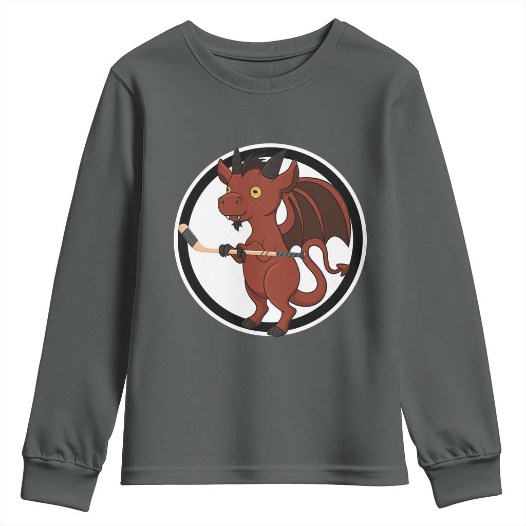 Funny Cryptid Sports Gift Youth Sweatshirt Jersey Devil Playing Ice Hockey TS12 Dark Heather Print Your Wear