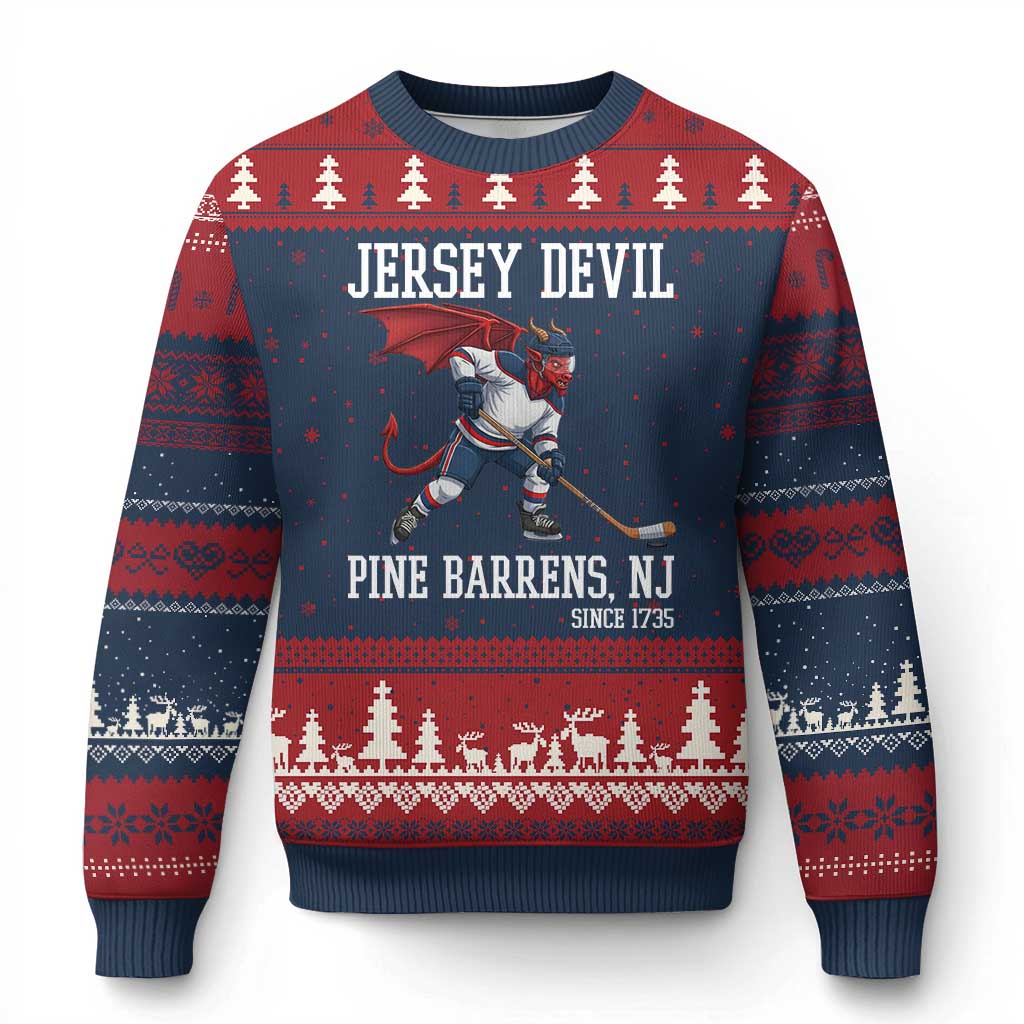 Pine Barrens New Jersey Devil Ugly Christmas Sweater Gothic Horror Ice Hockey Gift TS12 Navy Red Print Your Wear