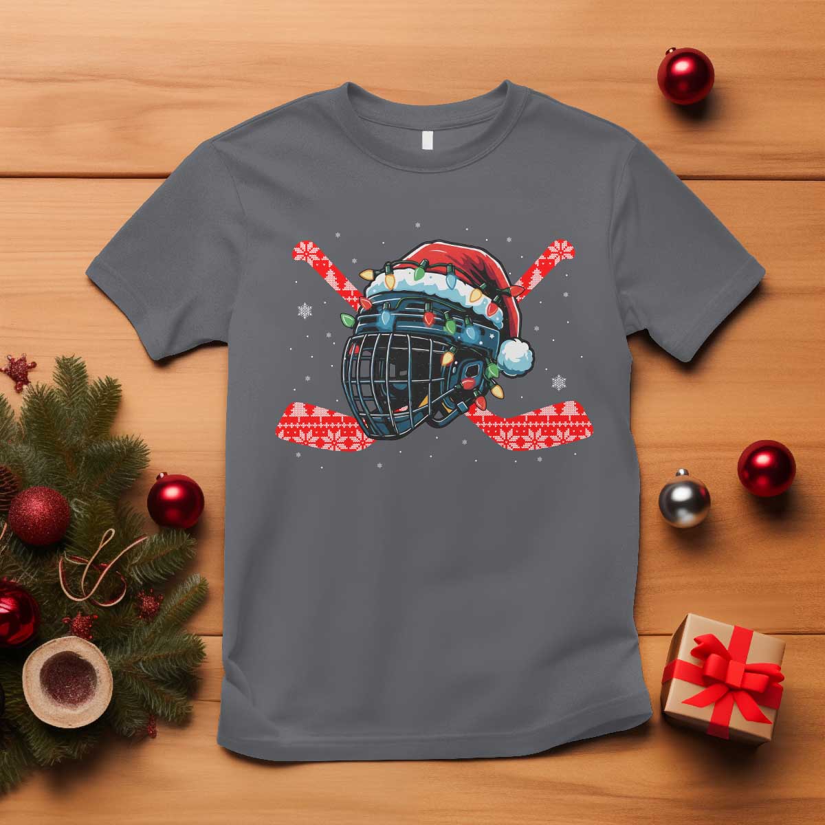 Christmas Ice Hockey Helmet Santa T Shirt Funny Xmas Gift TS12 Charcoal Print Your Wear