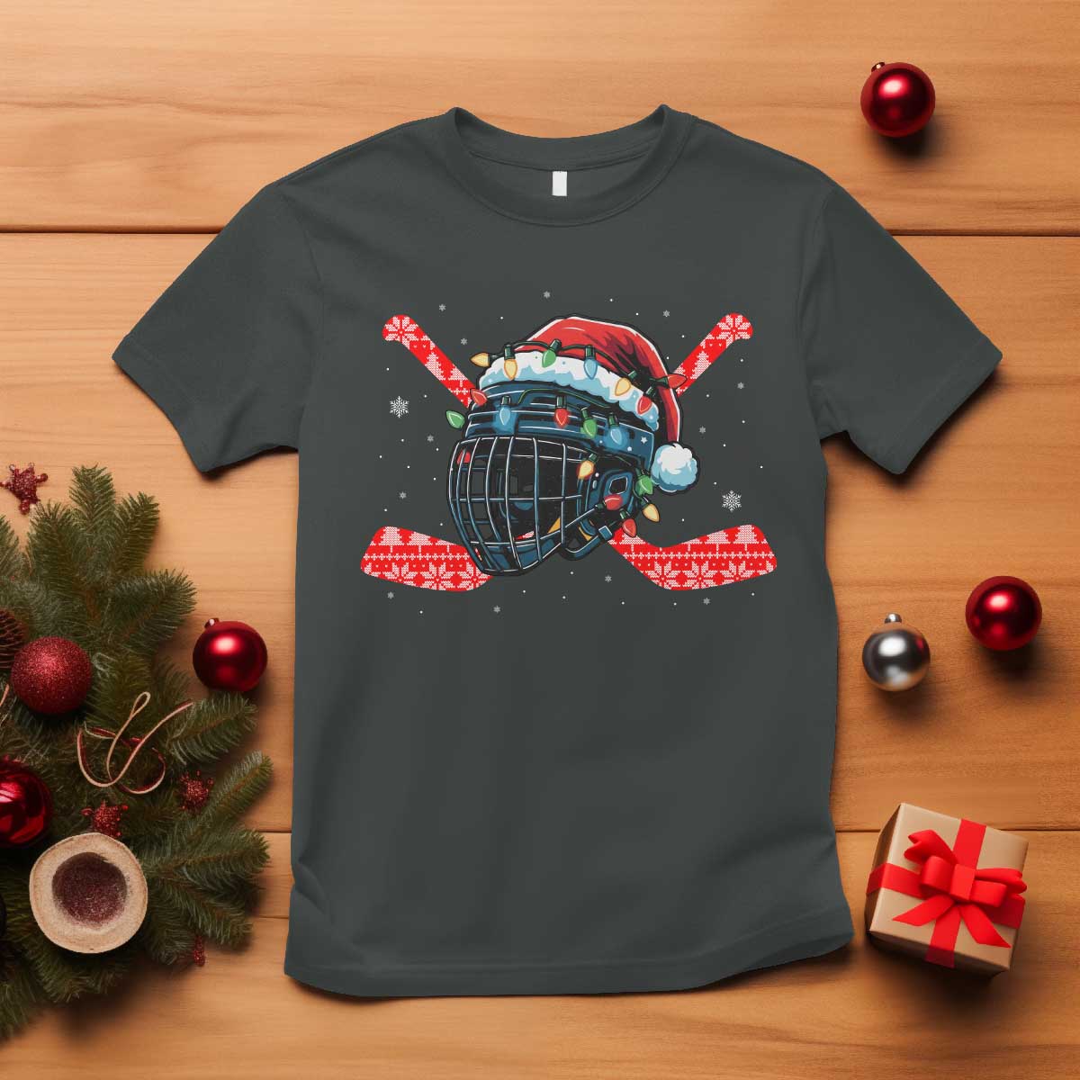 Christmas Ice Hockey Helmet Santa T Shirt Funny Xmas Gift TS12 Dark Heather Print Your Wear