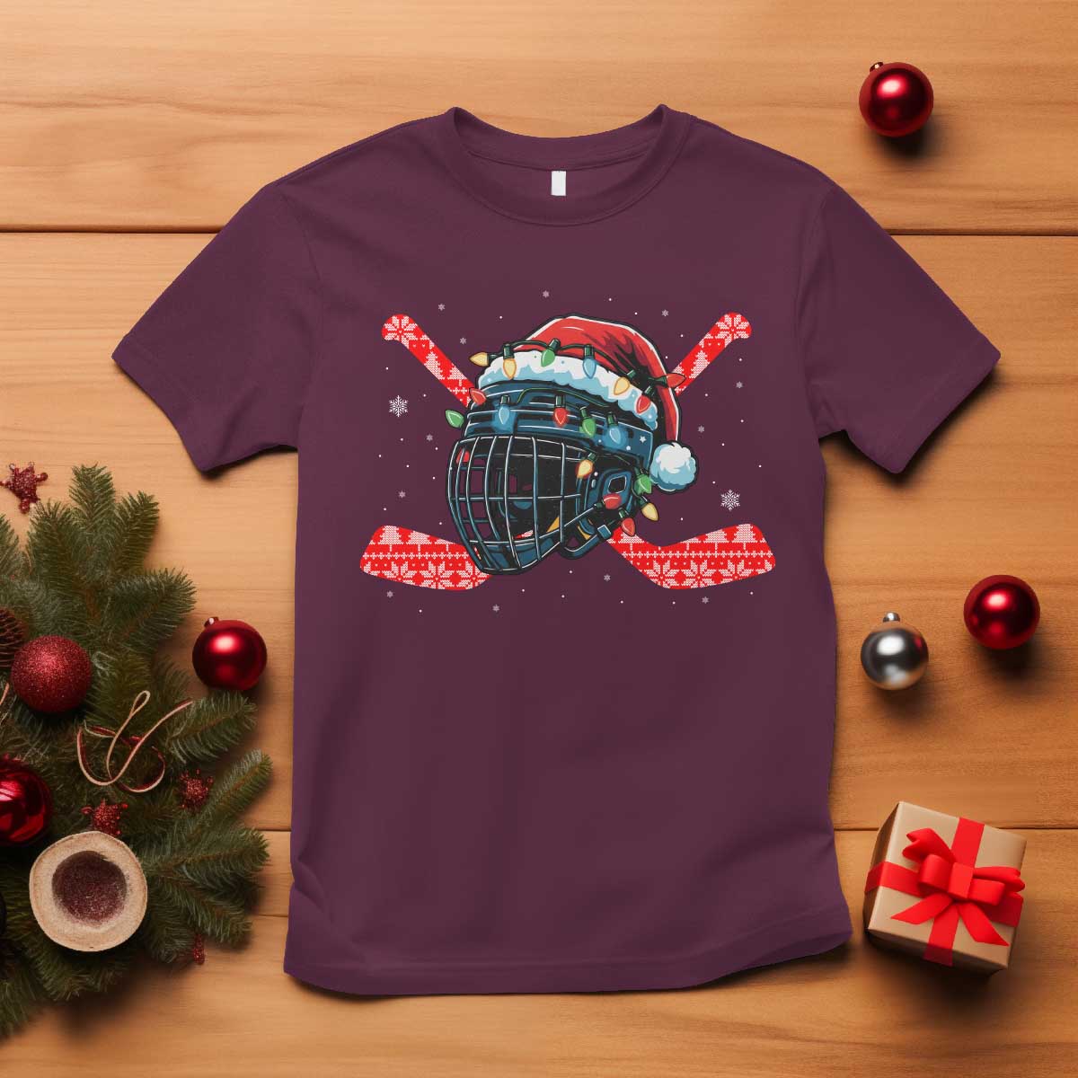 Christmas Ice Hockey Helmet Santa T Shirt Funny Xmas Gift TS12 Maroon Print Your Wear