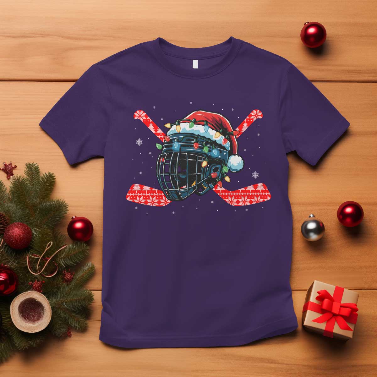 Christmas Ice Hockey Helmet Santa T Shirt Funny Xmas Gift TS12 Purple Print Your Wear