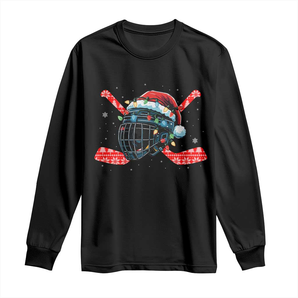 Christmas Ice Hockey Helmet Santa Long Sleeve Shirt Funny Xmas Gift TS12 Black Print Your Wear