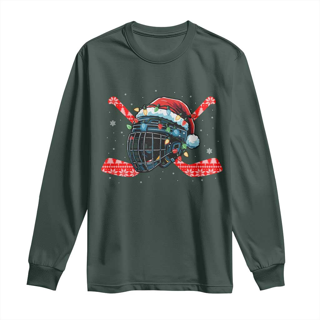 Christmas Ice Hockey Helmet Santa Long Sleeve Shirt Funny Xmas Gift TS12 Dark Forest Green Print Your Wear
