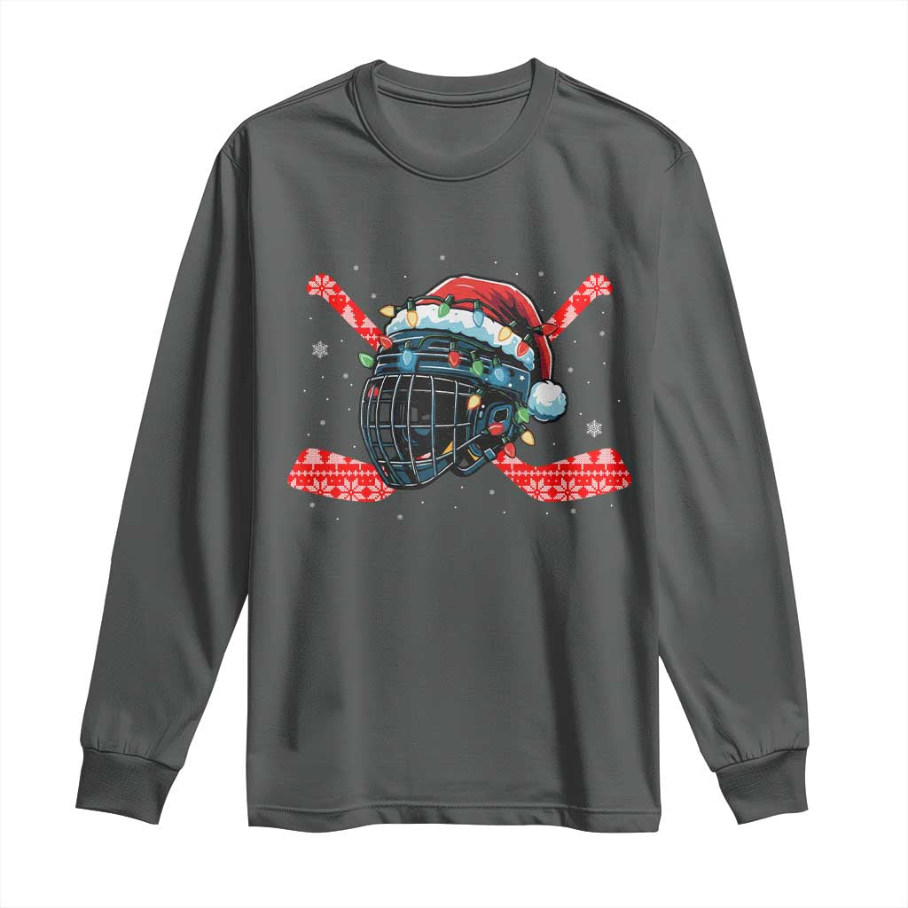 Christmas Ice Hockey Helmet Santa Long Sleeve Shirt Funny Xmas Gift TS12 Dark Heather Print Your Wear