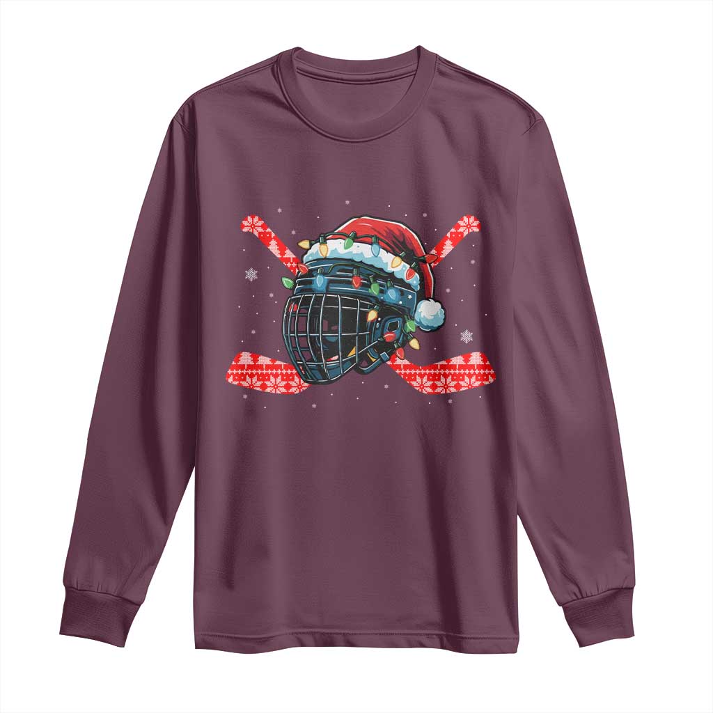 Christmas Ice Hockey Helmet Santa Long Sleeve Shirt Funny Xmas Gift TS12 Maroon Print Your Wear