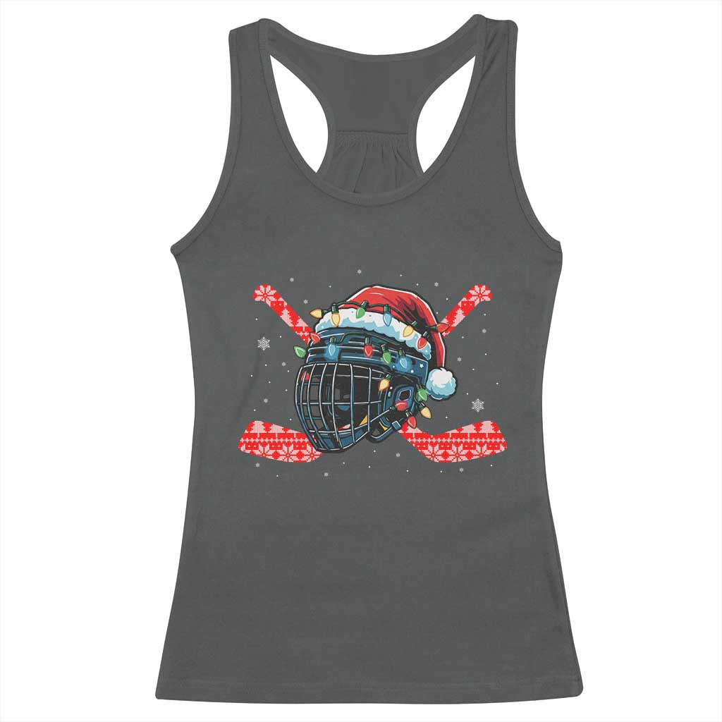 Christmas Ice Hockey Helmet Santa Racerback Tank Top Funny Xmas Gift TS12 Dark Heather Print Your Wear