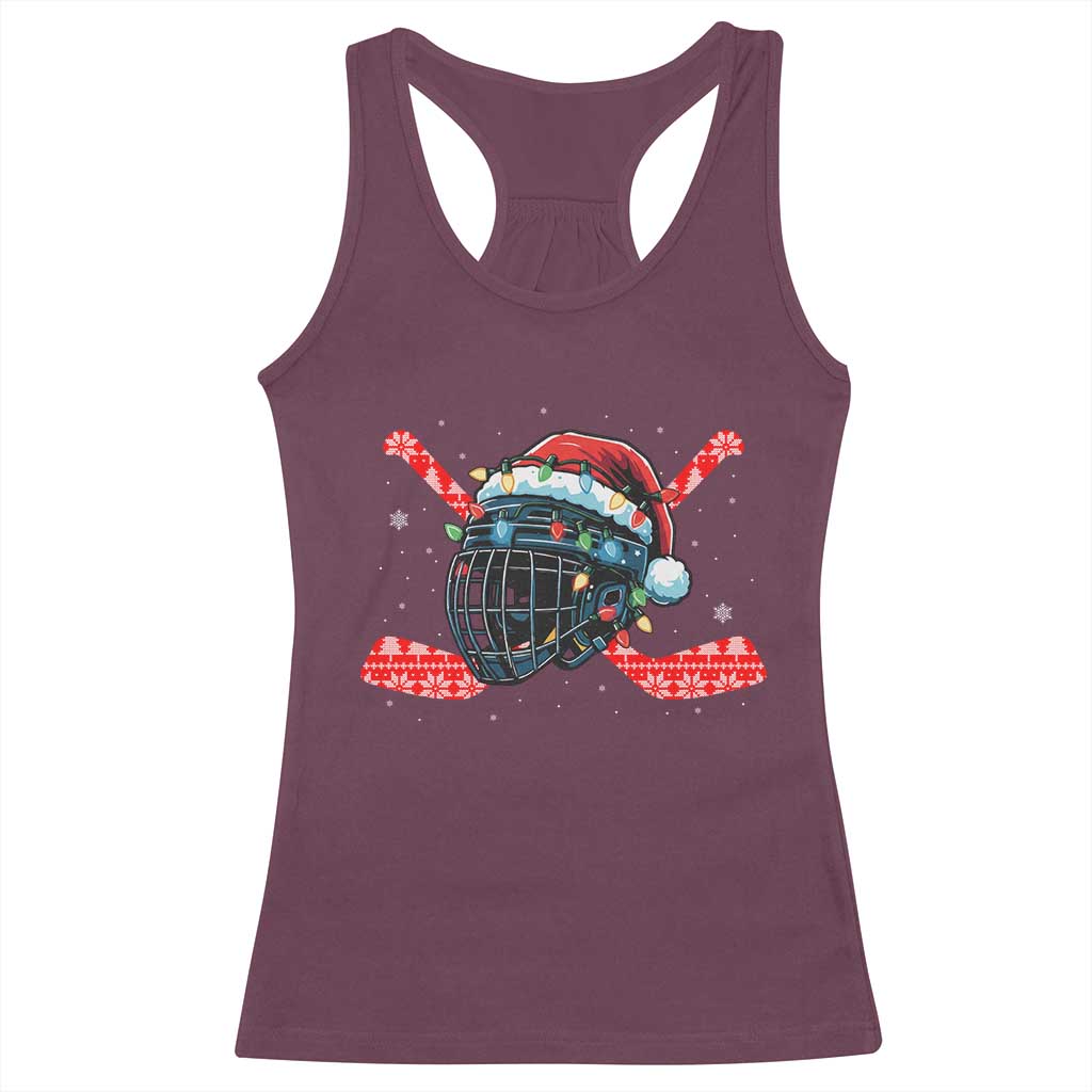Christmas Ice Hockey Helmet Santa Racerback Tank Top Funny Xmas Gift TS12 Maroon Print Your Wear