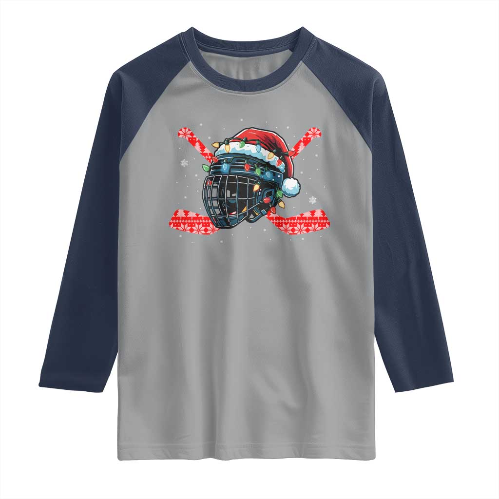 Christmas Ice Hockey Helmet Santa Raglan Shirt Funny Xmas Gift TS12 Sport Gray Navy Print Your Wear