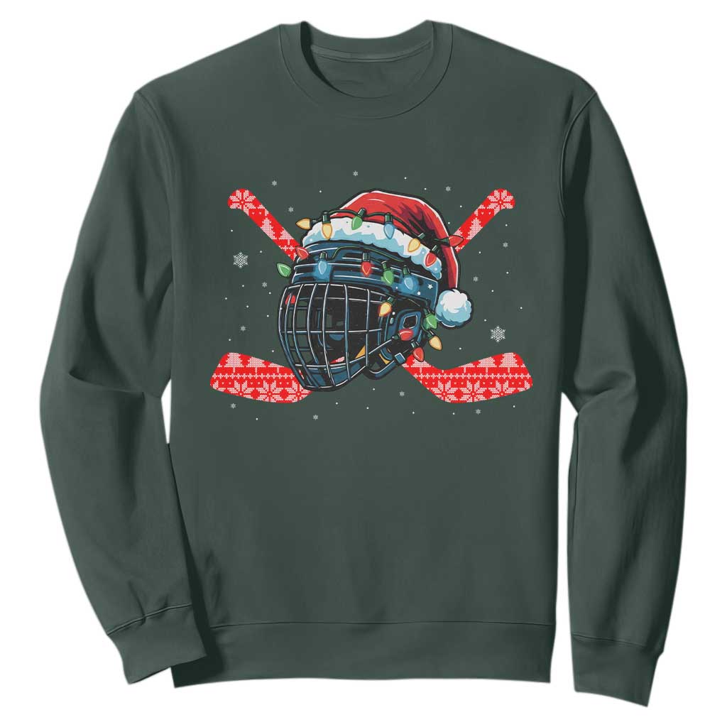 Christmas Ice Hockey Helmet Santa Sweatshirt Funny Xmas Gift TS12 Dark Forest Green Print Your Wear