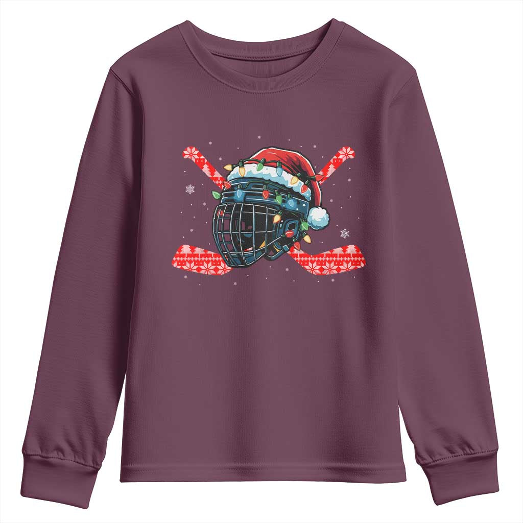 Christmas Ice Hockey Helmet Santa Youth Sweatshirt Funny Xmas Gift TS12 Maroon Print Your Wear