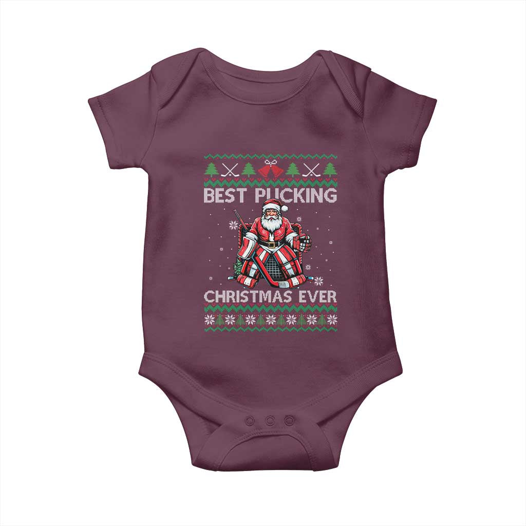 Best Pucking Christmas Ever Baby Onesie Santa Hockey Goalie Ugly Sweater Gift TS12 Maroon Print Your Wear
