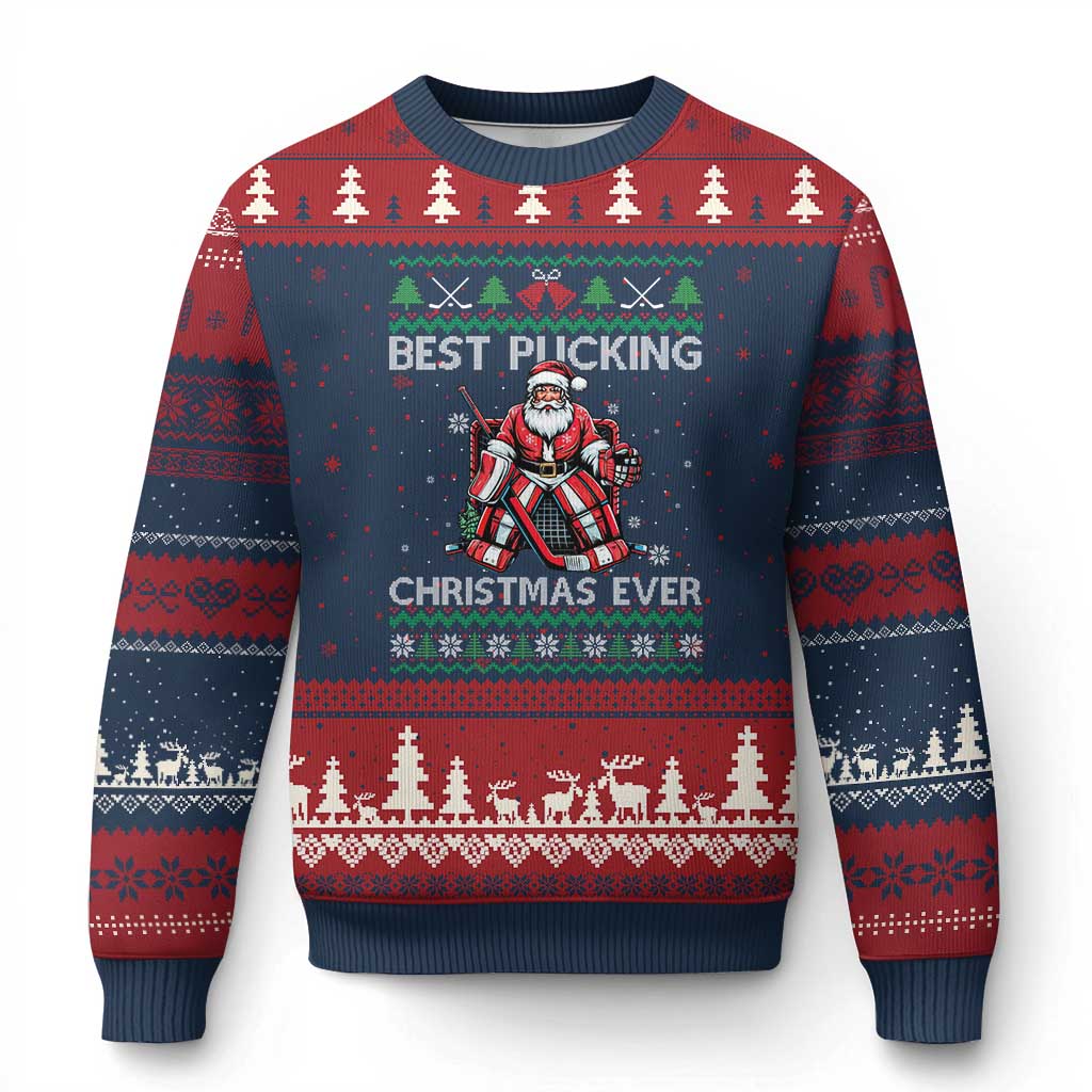 Best Pucking Xmas Ever Ugly Christmas Sweater Santa Hockey Goalie Ugly Sweater Gift TS12 Navy Red Print Your Wear