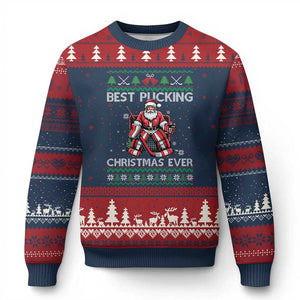 Best Pucking Xmas Ever Ugly Christmas Sweater Santa Hockey Goalie Ugly Sweater Gift TS12 Navy Red Print Your Wear